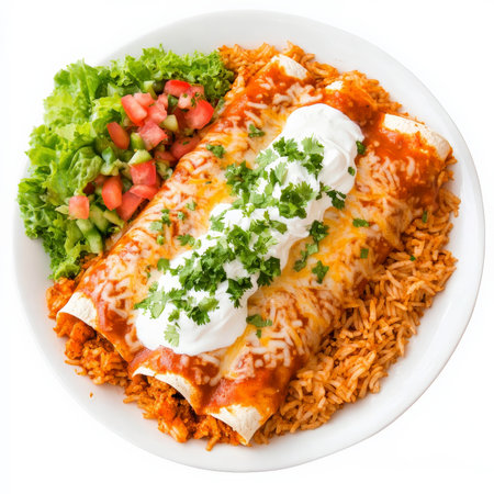 A plate of chicken enchiladas covered in red chili sauce and melted cheese, topped with sour cream, shredded lettuce, and diced tomatoes. Served with Spanish rice and refried beans for a flavorful and filling Mexican comfort meal. Isolated on clean white backgroundの素材