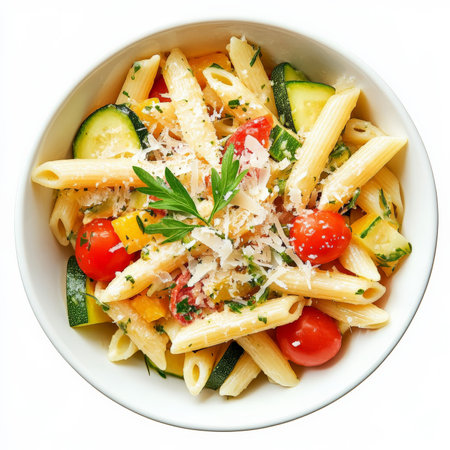 A bowl of pasta primavera with penne tossed in olive oil, garlic, and a medley of sautÃÂ©ed vegetables like zucchini, bell peppers, and cherry tomatoes. Topped with grated parmesan. Isolated on clean white backgroundの素材
