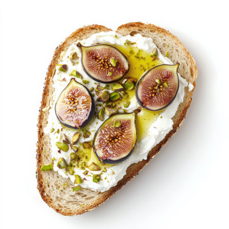 A slice of artisanal sourdough bread topped with ricotta cheese, honey, figs, and crushed pistachios, finished with a drizzle of olive oil. A delicious balance of creamy, sweet, and nutty flavors perfect for brunch or an elegant appetizer. Isolated on clean white backgroundの素材