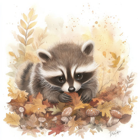 Dreamy watercolor baby raccoon with soft, fluffy fur, playfully digging through a pile of autumn leaves. The scene is filled with soft golden light, tiny mushrooms, and delicate flowers, creating a magical, peaceful woodland atmosphere.の素材