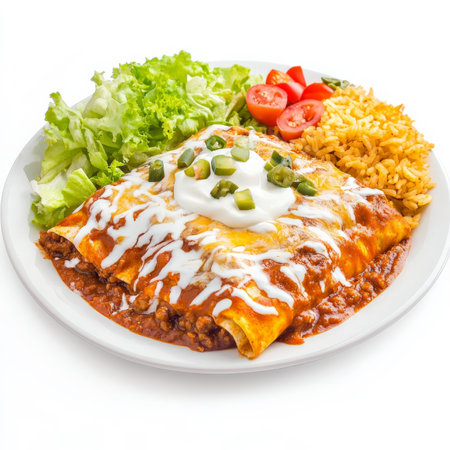 A plate of chicken enchiladas covered in red chili sauce and melted cheese, topped with sour cream, shredded lettuce, and diced tomatoes. Served with Spanish rice and refried beans for a flavorful and filling Mexican comfort meal. Isolated on clean white backgroundの素材