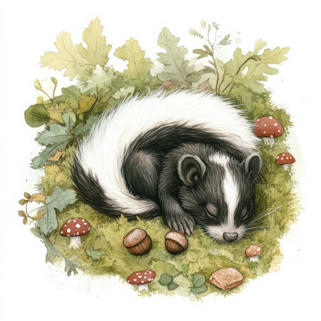 Watercolor baby skunk with fluffy white stripes, resting peacefully in a patch of soft green moss. Surrounded by tiny mushrooms, acorns, and leaves, this adorable woodland creature is captured in a serene, dreamy forest setting.の素材