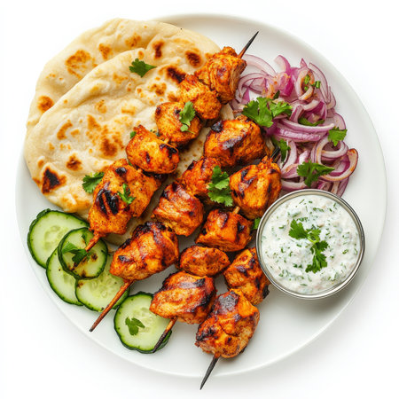 A platter of chicken tikka skewers grilled to a smoky finish, served with cucumber raita, naan bread, and red onion salad. A vibrant and flavorful Indian dish thatÃ¢â¬â¢s great for sharing. Isolated on clean white backgroundの素材