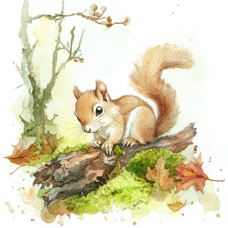 Watercolor baby squirrel with its fluffy tail wrapped around a branch, gazing curiously at the surrounding forest. The soft, green moss and fallen leaves beneath it add to the dream-like atmosphere, capturing the innocence of this woodland creature.の素材