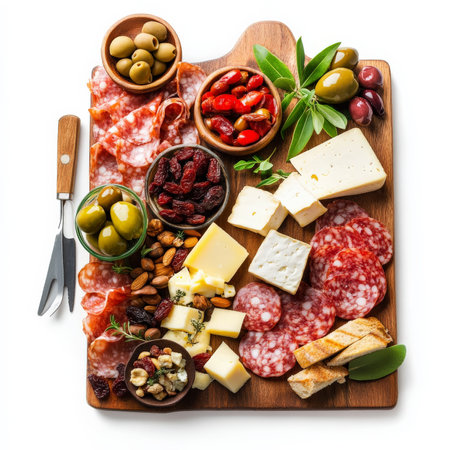 A charcuterie board with cured meats, olives, dried fruits, cheese cubes, nuts, and crusty bread slices. A savory spread for social gatherings and wine pairings. Isolated on clean white backgroundの素材
