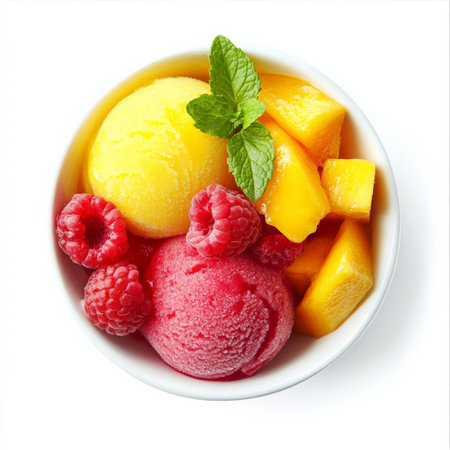 A bowl of fresh fruit sorbet in vibrant colors like mango, raspberry, and lemon, garnished with mint leaves and fruit slices. A refreshing dairy-free dessert thatÃ¢â¬â¢s perfect for warm weather and clean eating. Isolated on clean white backgroundの素材