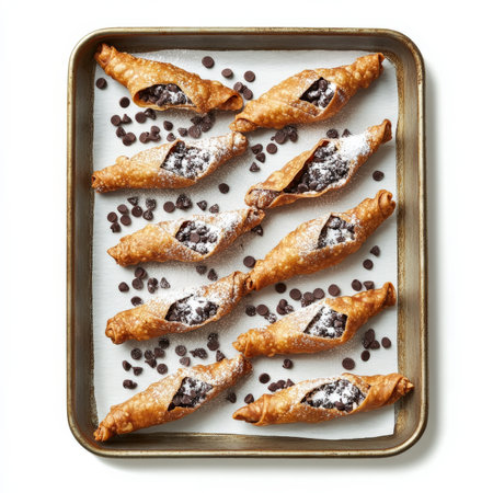 A tray of fresh cannoli with crispy pastry shells filled with sweet ricotta cream and sprinkled with chocolate chips and powdered sugar. A Sicilian dessert favorite. Isolated on clean white backgroundの素材