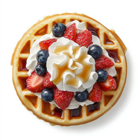 A warm Belgian waffle topped with whipped cream, strawberries, blueberries, and maple syrup. This sweet breakfast favorite is light, crisp, and full of flavor. Isolated on clean white backgroundの素材
