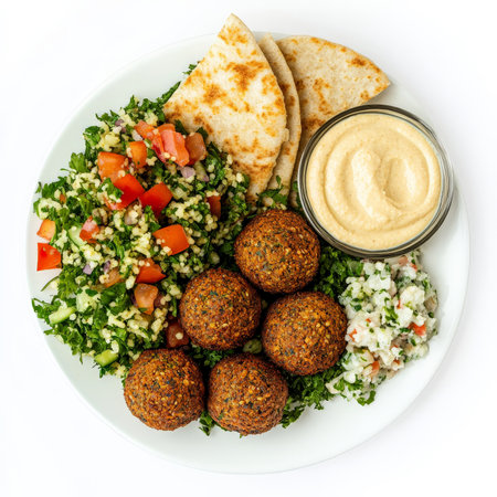 A serving of falafel balls with a crispy golden crust and a tender, spiced chickpea interior. Plated with hummus, tabbouleh, pita bread, and tahini sauce for a vegetarian Middle Eastern feast. Isolated on clean white backgroundの素材
