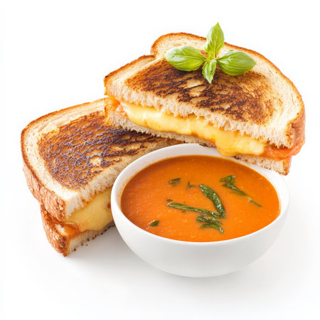 A gourmet grilled cheese sandwich filled with sharp cheddar, gouda, and gruyÃÂ¨re, melted between slices of buttery sourdough bread. Served with a bowl of tomato basil soup for the ultimate cozy comfort food combination. Isolated on clean white backgroundの素材