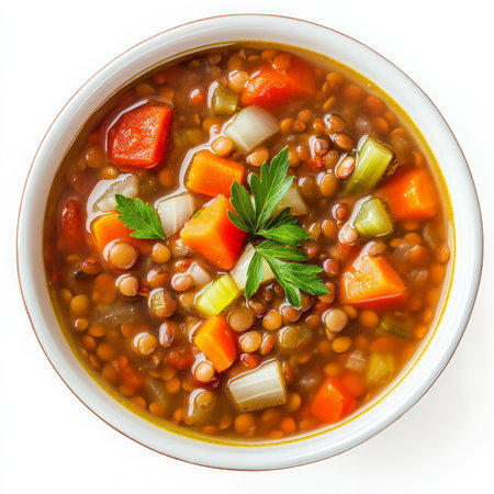 A bowl of lentil soup with carrots, celery, onions, tomatoes, and fresh herbs in a rich vegetable broth. A nutritious vegan meal perfect for cold weather. Isolated on clean white backgroundの素材