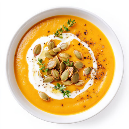 A bowl of creamy pumpkin soup garnished with roasted pumpkin seeds, fresh cream swirl, and thyme sprigs. A cozy and seasonal dish perfect for autumn menus. Isolated on clean white backgroundの素材