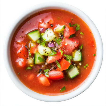 A bowl of chilled gazpacho made from fresh tomatoes, cucumber, bell peppers, garlic, olive oil, and vinegar. This cold Spanish soup is refreshing, light, and perfect for hot summer days. Isolated on clean white backgroundの素材