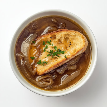 A bowl of classic French onion soup with deeply caramelized onions in a savory beef broth, topped with a slice of toasted baguette and melted GruyÃÂ¨re cheese. Rich, comforting, and perfect for chilly weather meals. Isolated on clean white backgroundの素材