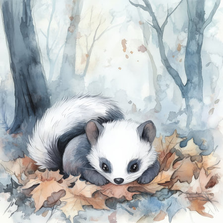 Dreamy watercolor baby skunk with fluffy fur, resting on a bed of soft fallen leaves. The forest is shrouded in mist, and soft pastel colors create a peaceful, magical scene filled with warmth and tranquility.の素材