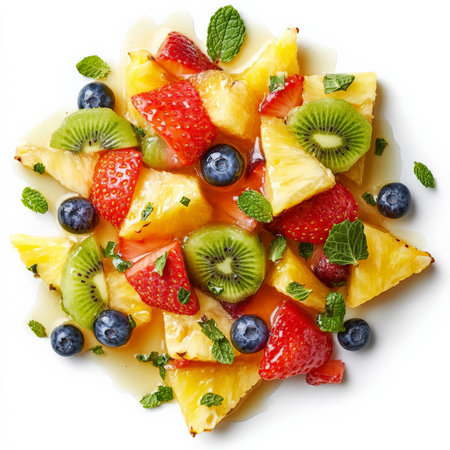 A colorful fruit salad with fresh pineapple, strawberries, blueberries, kiwi, and orange segments, drizzled with honey and topped with a sprinkle of mint leaves. This refreshing and healthy dish makes for a sweet, light breakfast or dessert option. Isolated on clean white backgroundの素材