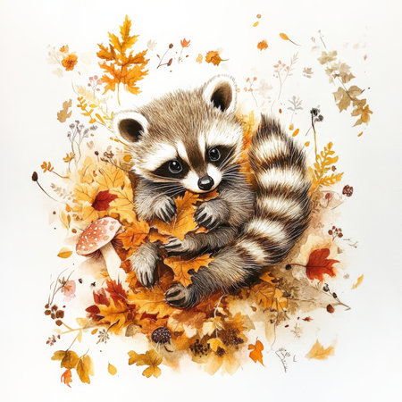Dreamy watercolor baby raccoon with soft, fluffy fur, playfully digging through a pile of autumn leaves. The scene is filled with soft golden light, tiny mushrooms, and delicate flowers, creating a magical, peaceful woodland atmosphere.の素材