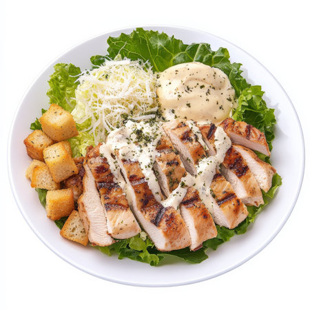 A classic Caesar salad with crisp romaine lettuce, creamy Caesar dressing, croutons, shaved parmesan cheese, and grilled chicken strips. A timeless dish thatÃ¢â¬â¢s both crunchy and savory. Isolated on clean white backgroundの素材