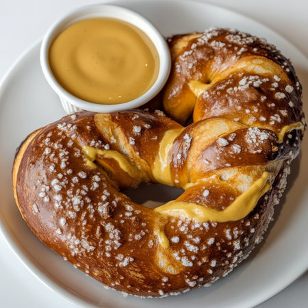 A traditional Bavarian pretzel with a glossy, salted crust, served with grainy mustard and beer cheese sauce. This large, twisted bread snack is soft inside and perfect as a hearty appetizer or Oktoberfest-themed treat. Isolated on clean white backgroundの素材