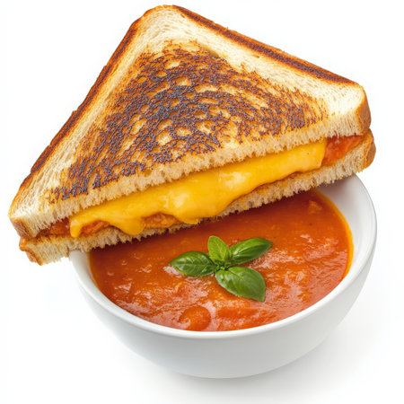 A gourmet grilled cheese sandwich filled with sharp cheddar, gouda, and gruyÃÂ¨re, melted between slices of buttery sourdough bread. Served with a bowl of tomato basil soup for the ultimate cozy comfort food combination. Isolated on clean white backgroundの素材