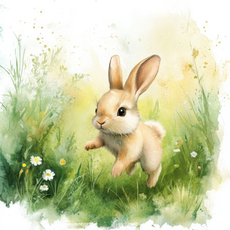 Hand-painted watercolor baby rabbit hopping through a field of soft green grass, surrounded by wildflowers and a warm, glowing forest backdrop. The scene radiates lightness, innocence, and natural beauty, capturing the whimsical charm of the woodland creature.の素材