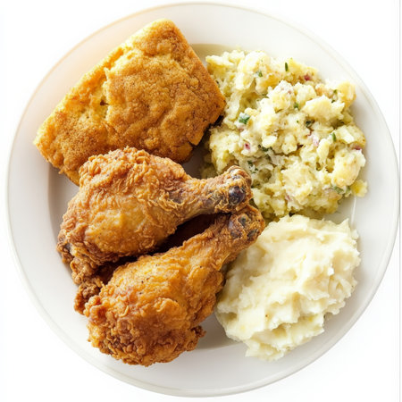 A plate of southern-style fried chicken with an ultra-crispy crust and tender, juicy meat inside. Served with creamy coleslaw, cornbread, and mashed potatoes with gravy for a soul food classic bursting with flavor. Isolated on clean white backgroundの素材