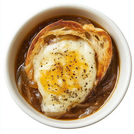 A bowl of classic French onion soup with deeply caramelized onions, rich beef broth, and a crispy baguette slice topped with melted GruyÃÂ¨re cheese. Baked to golden perfection, this comforting dish is perfect for a cozy, indulgent meal. Isolated on clean white backgroundの素材