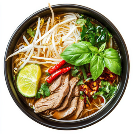 A bowl of Vietnamese pho with rice noodles, thin-sliced beef, bean sprouts, basil, chili, and lime in a fragrant beef broth. This traditional soup is served hot and fresh with layered flavors and aromatic herbs. Isolated on clean white backgroundの素材