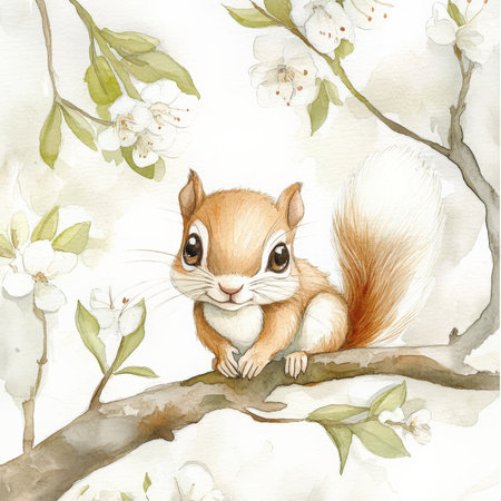 Watercolor baby squirrel with bright, curious eyes, perched on a tree branch surrounded by soft green leaves and delicate flowers. The fluffy tail and playful stance add to the whimsical, dreamy woodland vibe.の素材
