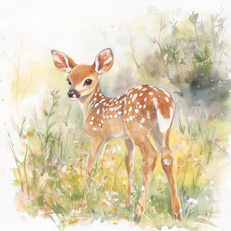 Watercolor baby fawn with delicate spots on its back, standing in a field of soft wildflowers. The dreamy woodland scene captures the serenity of the forest, with sunlight filtering through the trees and casting a gentle glow.の素材