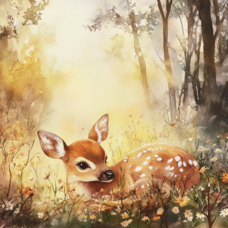Dreamy watercolor baby deer with soft brown fur and delicate white spots, lying peacefully in a bed of wildflowers. The scene is bathed in the soft, golden light of dawn, with mist rising through the gentle forest trees.の素材