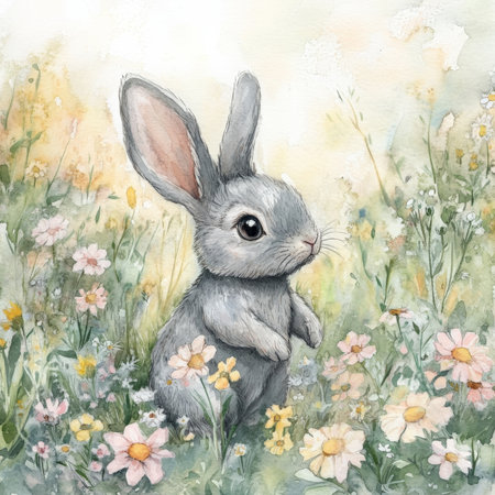 Watercolor baby rabbit with large, floppy ears, hopping through a patch of wildflowers. The soft, dreamy woodland scene is filled with pastel-colored flowers and soft forest light, evoking feelings of innocence and calm.の素材