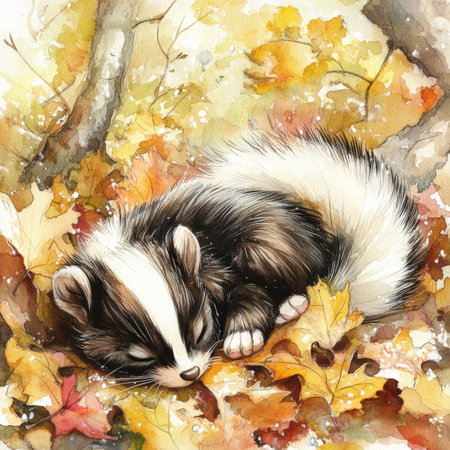 Watercolor baby skunk with soft white stripes and tiny paws, resting peacefully among autumn leaves. The dreamy woodland scene is filled with soft lighting and pastel hues, creating a serene and magical atmosphere.の素材