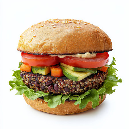A delicious veggie burger made from black beans, quinoa, and roasted vegetables, topped with lettuce, tomato, avocado, and a tangy vegan mayo, all sandwiched between a whole-grain bun. A satisfying and healthy plant-based alternative to traditional burgers. Isolated on clean white backgroundの素材
