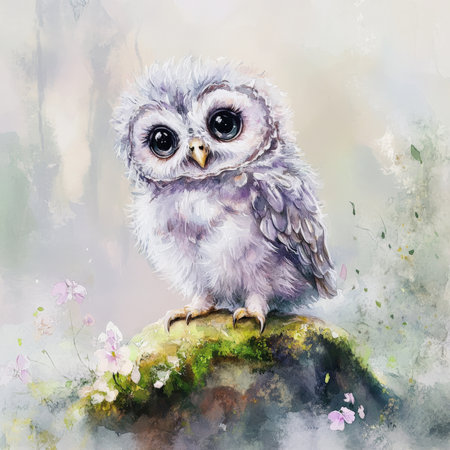 Watercolor baby owl with fluffy feathers and bright, curious eyes, perched on a moss-covered rock. The surrounding woodland is shrouded in mist, with soft, pastel-colored flowers blooming at its feet, adding a magical, serene touch to the scene.の素材
