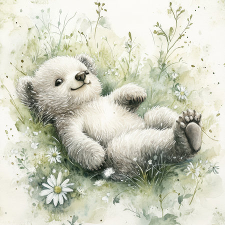 Hand-painted watercolor baby bear lying on its back, surrounded by soft, dewy grass and delicate forest flowers. The fluffy fur and peaceful expression are painted in delicate, soft strokes, creating a dream-like atmosphere of tranquility.の素材