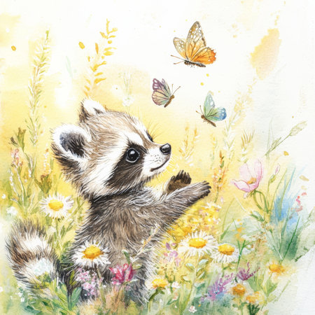 Watercolor baby raccoon with soft fur, playfully chasing butterflies among a field of soft wildflowers. The dreamy woodland scene is bathed in golden sunlight, creating a whimsical, magical atmosphere of joy and innocence.の素材