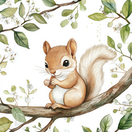 Watercolor baby squirrel with bright, curious eyes, perched on a tree branch surrounded by soft green leaves and delicate flowers. The fluffy tail and playful stance add to the whimsical, dreamy woodland vibe.の素材