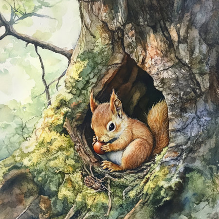 A watercolor baby squirrel nestled in the crook of a tree, its tiny paws holding an acorn. The forest floor below is covered with soft moss and dappled sunlight, creating a gentle, dream-like woodland setting.の素材