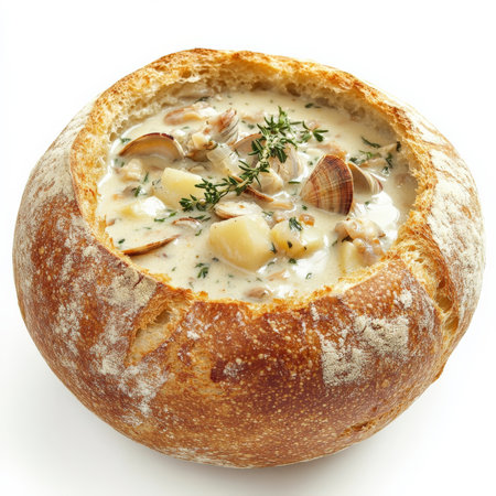 A creamy New England clam chowder served in a crusty sourdough bread bowl, filled with clams, potatoes, onions, and herbs. A hearty and indulgent seafood soup perfect for coastal cuisine lovers. Isolated on clean white backgroundの素材