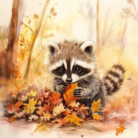 Watercolor baby raccoon with soft, fluffy fur, exploring the forest floor while playfully pawing at a pile of autumn leaves. The whimsical woodland scene is filled with soft lighting and a magical atmosphere, perfect for capturing the innocence of nature.の素材