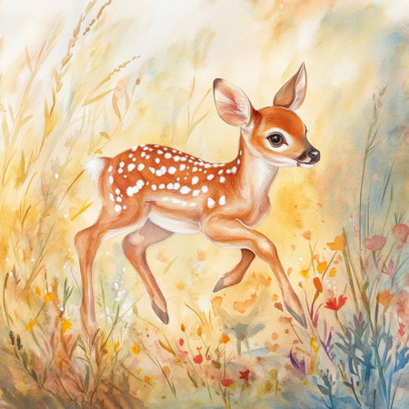 Watercolor baby fawn with delicate white spots, playfully running through a meadow of soft grasses and colorful wildflowers. The scene is filled with soft, golden light from the setting sun, creating a warm and peaceful woodland atmosphere.の素材