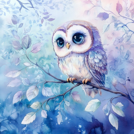 Watercolor baby owl perched on a branch at dusk, with its large eyes reflecting the soft glow of twilight. Surrounded by dreamy mist and soft pastel-colored leaves, its feathers are painted in gentle, detailed strokes.の素材