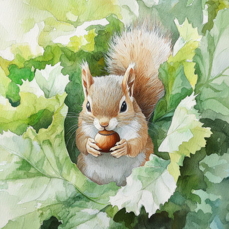Watercolor baby squirrel with a fluffy tail, nibbling on an acorn beneath a canopy of soft green leaves. The surrounding forest is painted with delicate, dreamy strokes, evoking a tranquil, peaceful woodland atmosphere.の素材