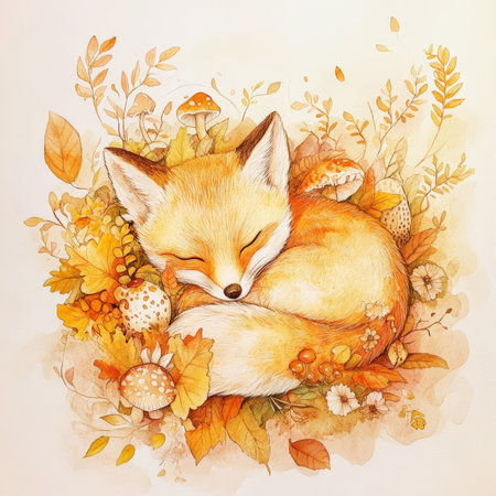 Watercolor baby fox curled up in a nest of soft autumn leaves, surrounded by mushrooms and wildflowers. The dreamy woodland scene is bathed in soft light, creating a peaceful, magical atmosphere of tranquility and warmth.の素材