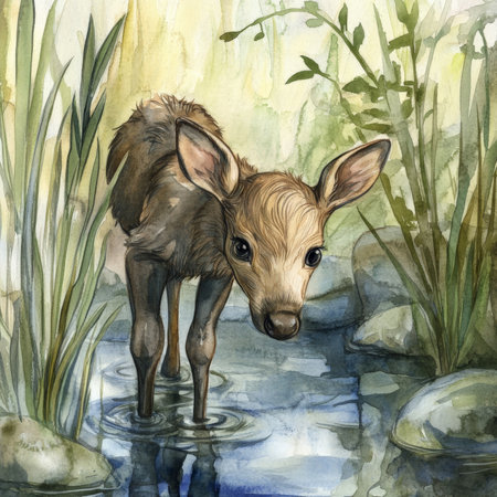 Watercolor baby moose standing near a forest stream, surrounded by dreamy reflections and wild grasses. The hand-painted creature has large eyes, soft velvet antler buds, and a shy expression that captures woodland innocence and beauty.の素材