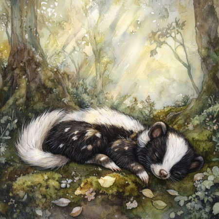 Hand-painted watercolor baby skunk with soft white stripes, lying on a bed of soft leaves and moss. The dreamy woodland scene is filled with warm pastel colors, soft sunlight, and gentle mist, evoking a sense of tranquility and innocence.の素材