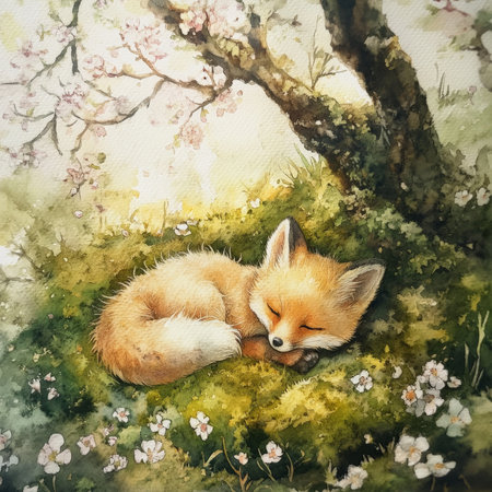 Watercolor baby fox with fluffy fur, nestled in a bed of soft green moss under a blooming tree. The scene is bathed in soft, golden light, creating a peaceful, dreamy woodland atmosphere that radiates warmth and tranquility.の素材