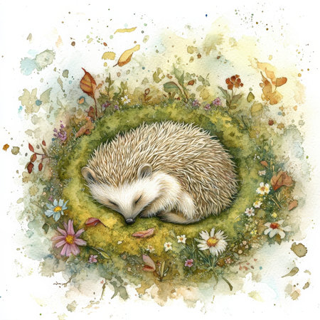 Watercolor baby hedgehog resting on a bed of soft green moss, surrounded by wildflowers and gently falling leaves. The delicate textures and soft, muted colors evoke a sense of warmth, peace, and innocence in the woodland scene.の素材