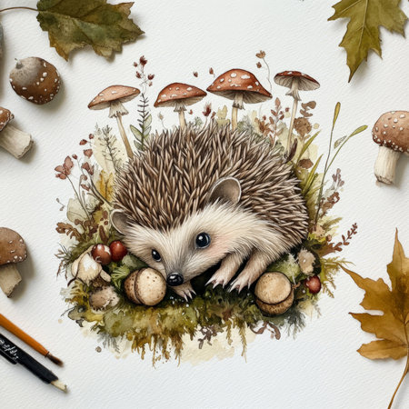 A watercolor baby hedgehog exploring the forest floor, surrounded by tiny mushrooms, acorns, and soft moss. Its tiny paws and fluffy quills are delicately painted, creating a peaceful, dreamy woodland atmosphere.の素材